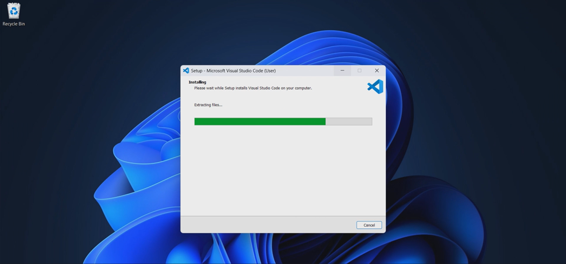Installation progress of VS Code
